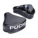 Sattel mit "PUCH"-Schriftzug und kleiner Werkzeugkiste